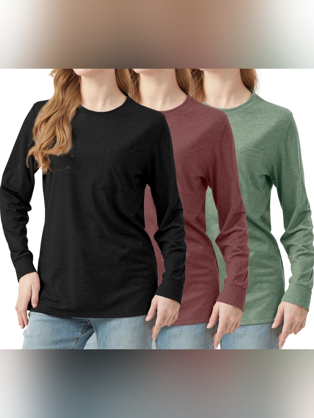 3 Pack Long Sleeve Crew Neck Tops Set NWT Size Large | Black, Burgundy & Green